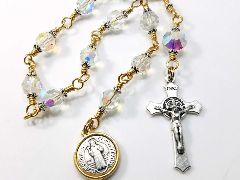 St. Benedict Clear Handmade One Decade Rosary, Clear Swarovski Decade Beads